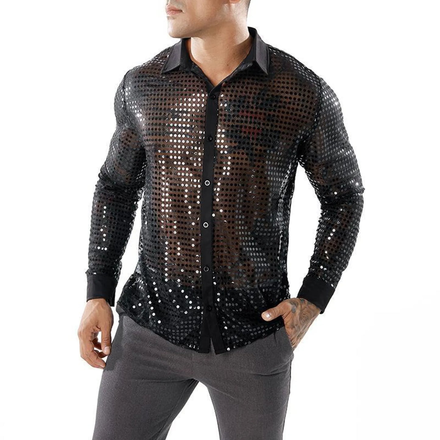 Glitter Sequin Shirt Men's Long Sleeved Performance Wear 70s Disco Lapel Neck Slimming Sparkle Compression Shirts With Button