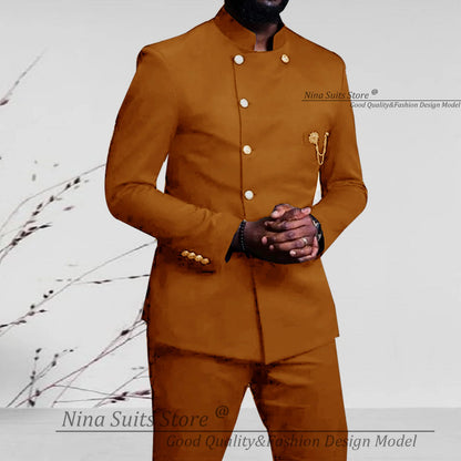 Nina Store 2025 Elegant African Style Men's Suit Stand Collar Royal Blue Blazer and Pants 2 Piece Casual Business Man Wear