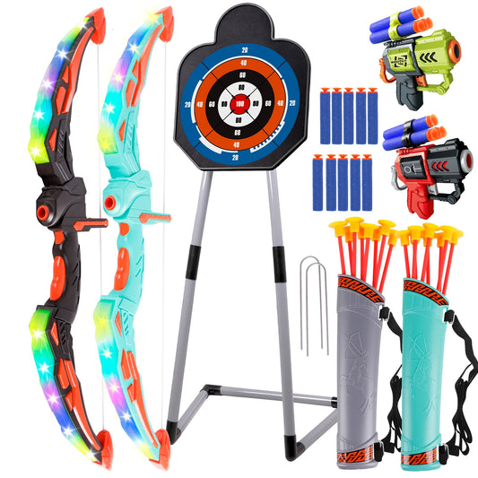 2 Bow and Arrow Sets with LED Light-up, 2 Foam Dart Guns for Kids 5 6 7 8 9 10+, Archery Set with Standing Target for Boys Girls