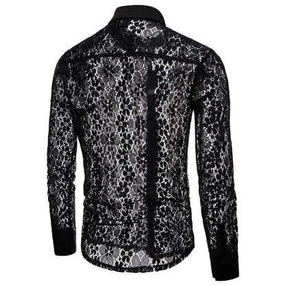High Quality Men'S Shier Luxury Designer Pure Color Fashion Full Lace Club Men Clothing  Hollow Long Sleeves Lapel Shirt рубашка