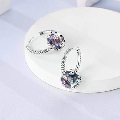 925 Sterling Silver Colorful Crystal Clover Hoop Earrings Stud Ear Wires For Women Wedding Engagement Girlfriend Birthday Gift
