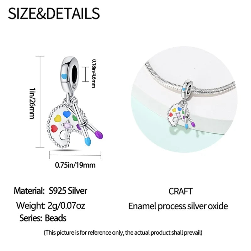 925 Sterling Silver Artist Brush Tools Color Palette Oil Painting Charms Beads Fit Qikaola Original Bracelets DIY Jewelry Gifts