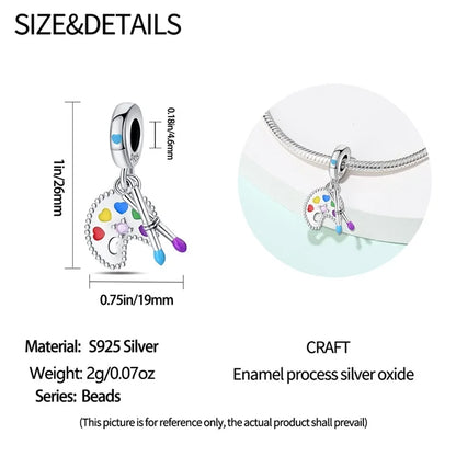 925 Sterling Silver Artist Brush Tools Color Palette Oil Painting Charms Beads Fit Qikaola Original Bracelets DIY Jewelry Gifts