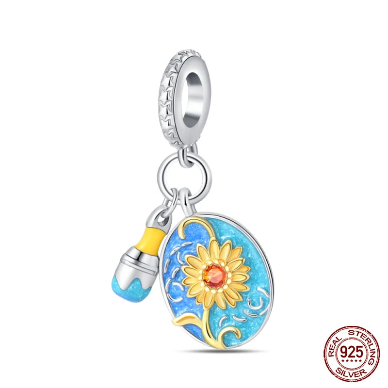 925 Sterling Silver Artist Brush Tools Color Palette Oil Painting Charms Beads Fit Qikaola Original Bracelets DIY Jewelry Gifts