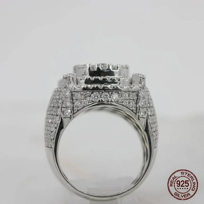 3Ct Men's 925 Sterling Silver Cluster Engagement Ring Luxury Platinum Plated Square Icy Out Hip Hop Rock Rings Jewelry