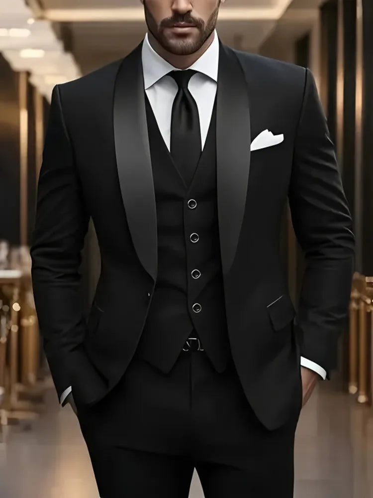 3pcs Men's Party Suit with Lapel Collar, Polyester And Viscose Blend, Skinny Fit, Solid Color, Long Sleeve, Button Front, Pants,
