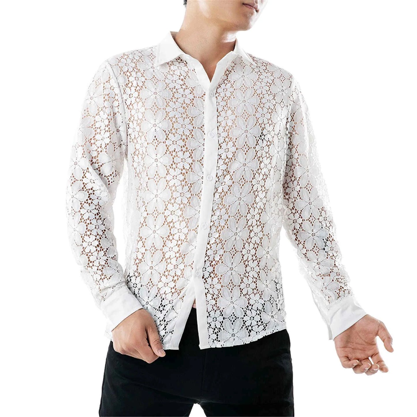 High Quality Men'S Shier Luxury Designer Pure Color Fashion Full Lace Club Men Clothing  Hollow Long Sleeves Lapel Shirt рубашка