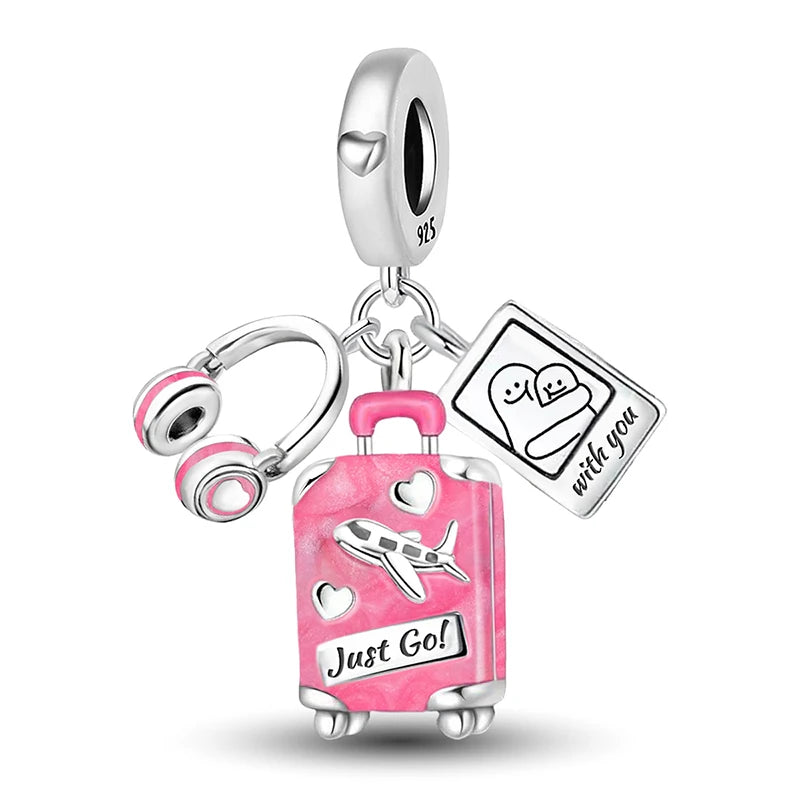 925 Sterling Silver Pink Luggage Rainbow Life Travel Charms Bead Diy Bracelet Bangle Making Gift Of High Quality Fine Jewelry