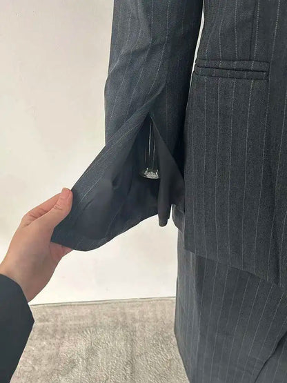 BZVW Women's 2 Pieces Sets Fashion Striped Suit Jacket V-neck Sleeveless Single Breasted Slit Dress Autumn 2025 New 5R5493