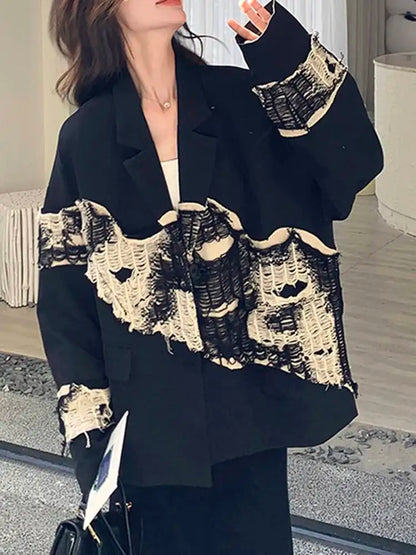 EAM Women Black Knit Spliced Big Size Irregular Blazer New Lapel Long Sleeve Jacket Fashion Tide Spring Autumn 2026 30A2521