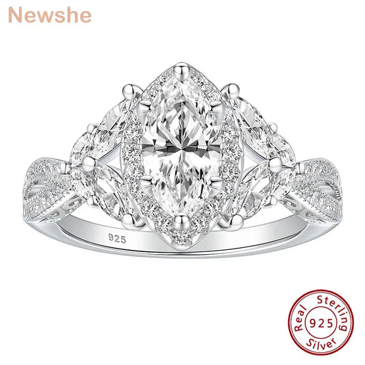 Newshe Glamorous 925 Silver Engagement Rings for Women Art Deco Halo Marquise Cubic Zircon Simulated Diamond Wedding Jewelry