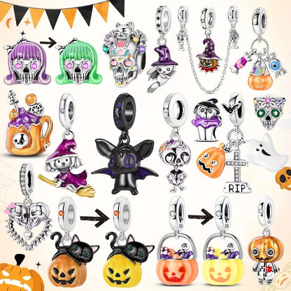 2025 New Halloween Charm Emit Light Bead 925 Sterling Silver Pumpkin Witch Skull Charm Fit Bracelet Pendant Women Jewelry Making