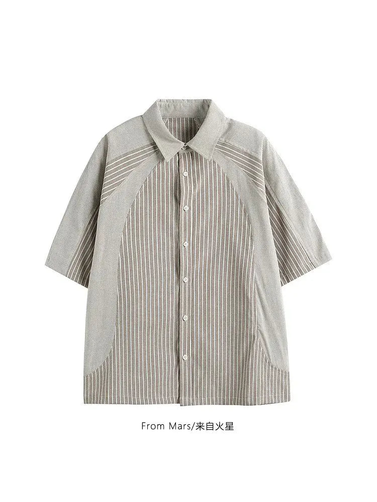 Short sleeved loose contrasting color splicing vertical stripe American casual suit