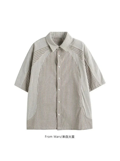 Short sleeved loose contrasting color splicing vertical stripe American casual suit