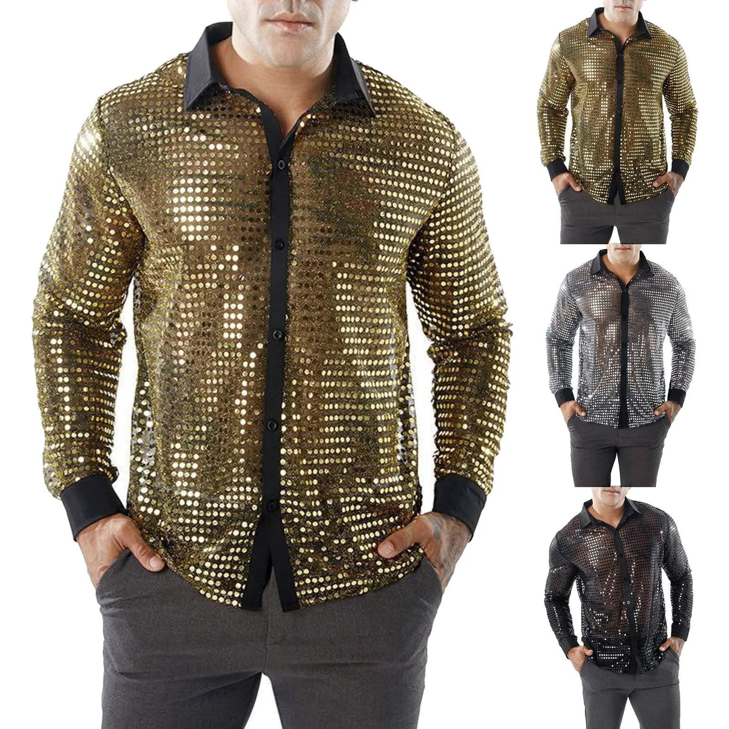 Glitter Sequin Shirt Men's Long Sleeved Performance Wear 70s Disco Lapel Neck Slimming Sparkle Compression Shirts With Button