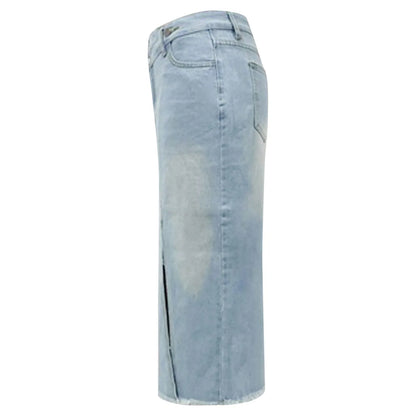 Women Mid Length Jean Skirt With Pockets High Waist Front Split Bodycon Striaght Skirts Women's Washed Light Color Jean Skirt
