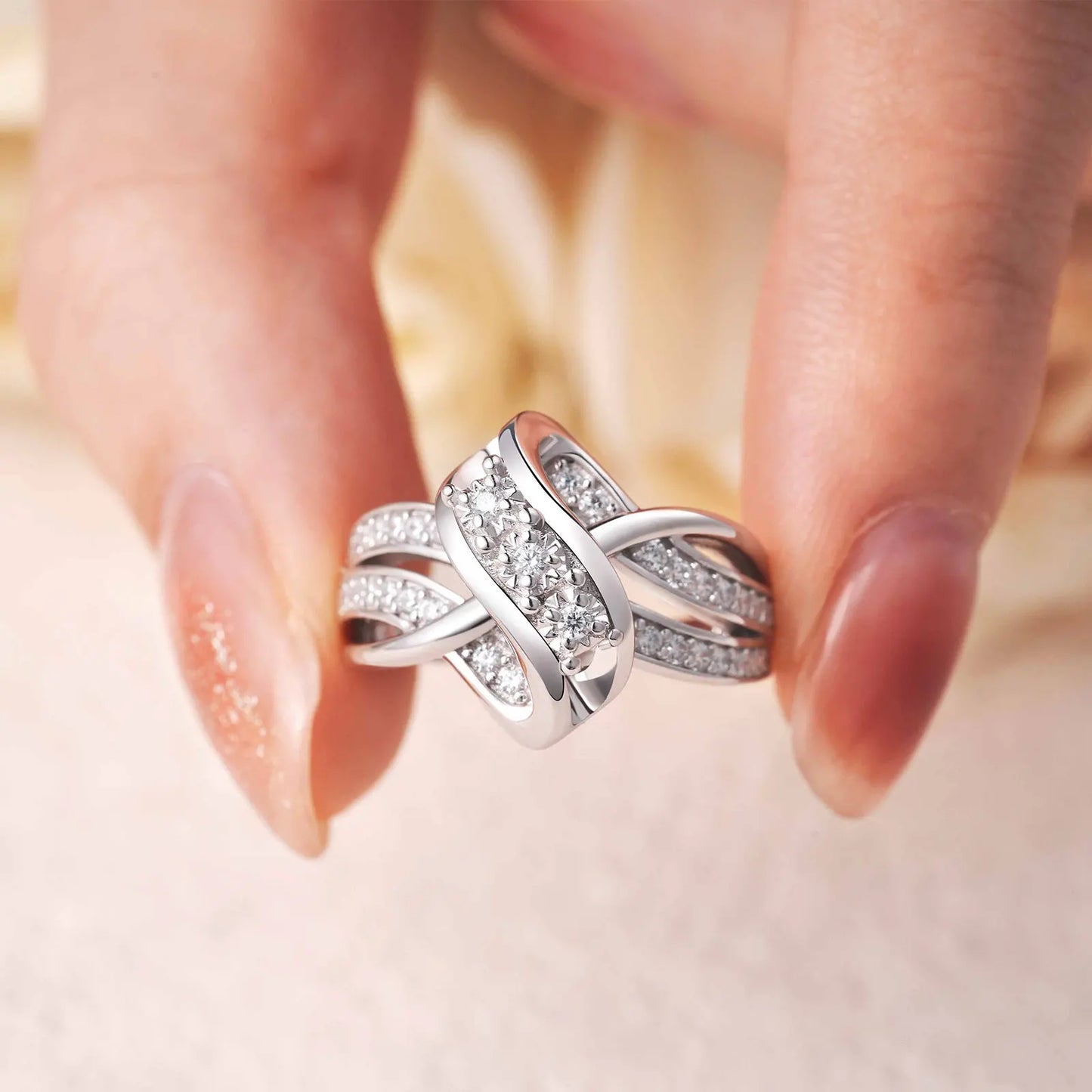 Newshe 925 Silver Engagement Rings for Women Unique Knot Brilliant AAAAA Cubic Zircon Statement Ring