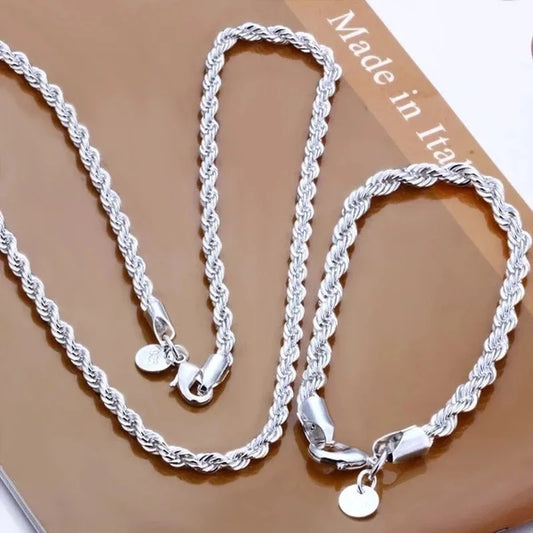 High Quality  4MM Women Men Chain Male Twisted Rope Necklace Bracelets Fashion Silver Jewelry Set