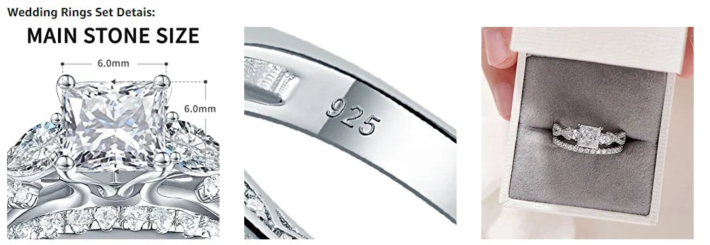 Newshe 2 Pcs Wedding Ring Set 925 Sterling Silver 1.7 Ct Princess Pear Cut AAAAA CZ Engagement Rings for Women Trendy Jewelry