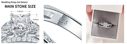 Newshe 2 Pcs Wedding Ring Set 925 Sterling Silver 1.7 Ct Princess Pear Cut AAAAA CZ Engagement Rings for Women Trendy Jewelry