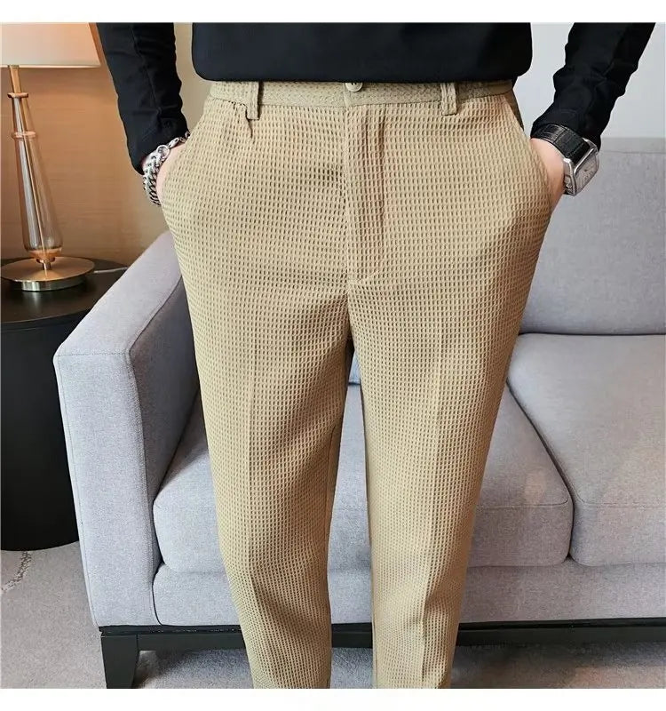 Fashion Business Casual Men's Pants Cropped Pants Waffle Pattern New Trend Spring Summer Casual Trousers Dark Green White 28-38