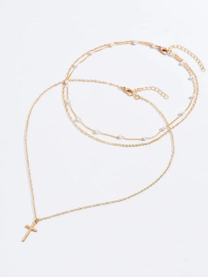 1pcs Women's Faux Pearl & Cross Pendant Necklace (Random Pearl Quantity)