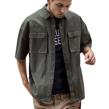 Summer Cargo Blouse Men'S Soild Shirt Pocket Lapel Short-Sleeved Shirts Casual Button Down Blouses For Men Thin Top