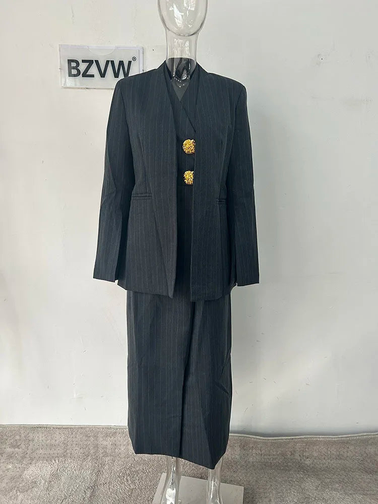 BZVW Women's 2 Pieces Sets Fashion Striped Suit Jacket V-neck Sleeveless Single Breasted Slit Dress Autumn 2025 New 5R5493