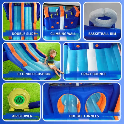 Inflatable Bounce House Obstacle Course for Kids - 2 Racing Slides, Spacious Jumping Area, Tunnels & Climbing Walls with Blower