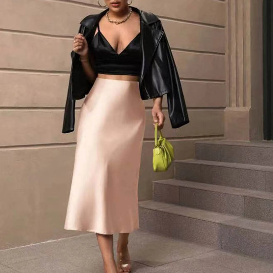 Luxury Elegant Silk Satin Skirt Women'S Solid Color Slim Fit Fishtail Skirts French Elegant High Waisted Pleated Long Skirt