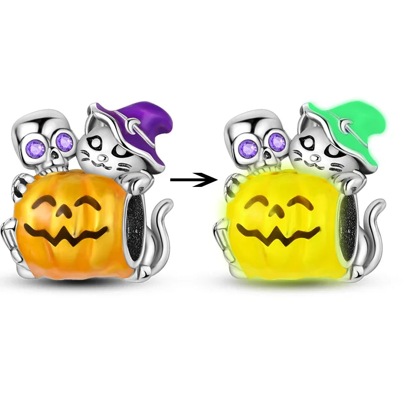2025 New Halloween Charm Emit Light Bead 925 Sterling Silver Pumpkin Witch Skull Charm Fit Bracelet Pendant Women Jewelry Making