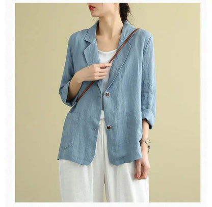 Spring Autumn Cotton Linen Loose Casual Blazers Female Long Sleeve Elegant Fashion Cardigan Suit Women's All-match Coat Jacket