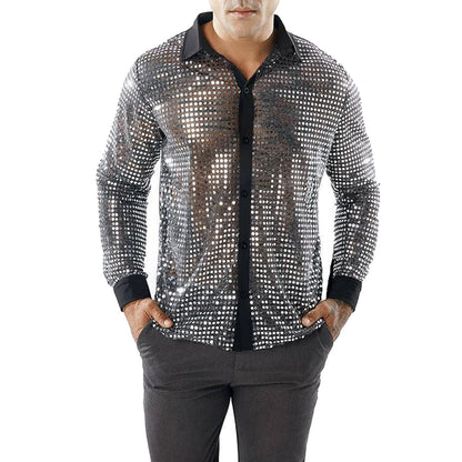 Glitter Sequin Shirt Men's Long Sleeved Performance Wear 70s Disco Lapel Neck Slimming Sparkle Compression Shirts With Button