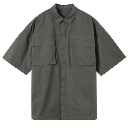 Summer Cargo Blouse Men'S Soild Shirt Pocket Lapel Short-Sleeved Shirts Casual Button Down Blouses For Men Thin Top