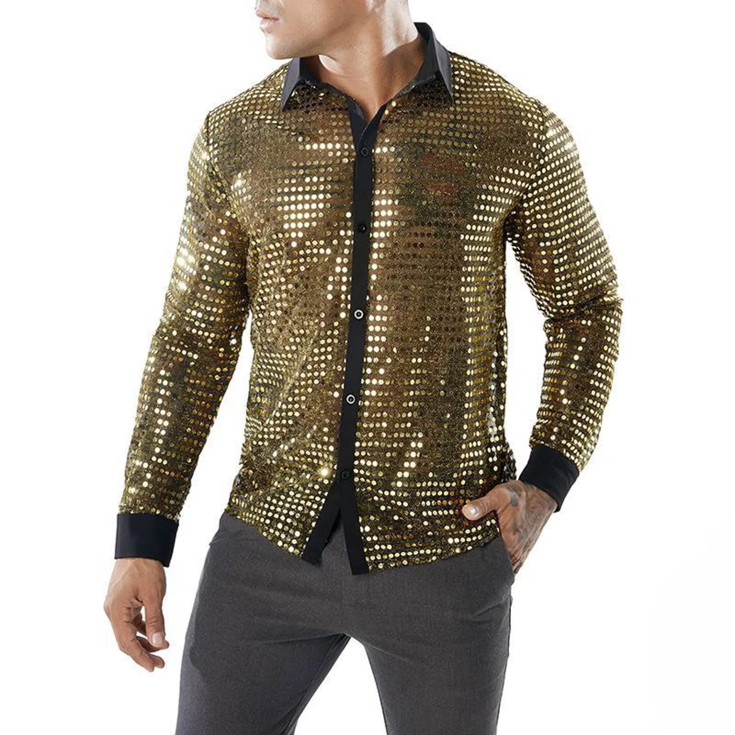 Glitter Sequin Shirt Men's Long Sleeved Performance Wear 70s Disco Lapel Neck Slimming Sparkle Compression Shirts With Button