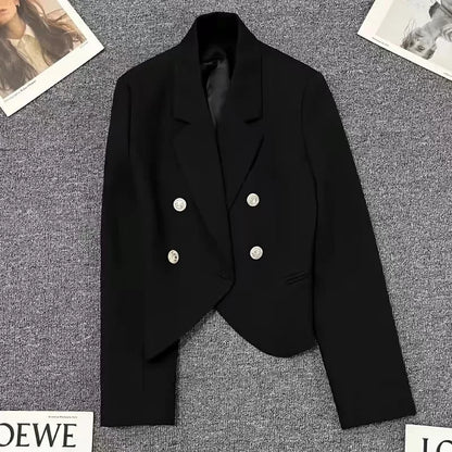 Casual Black Women's Small Suit Jacket 2025 New Spring Autumn Korean Design Sense Polyester Fiber Full Sleeve Solid Color