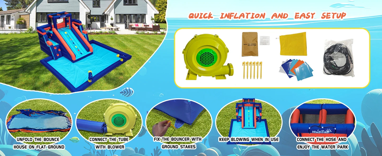 Hapcap Inflatable Water Slide Pool Bounce House for Kids,Large Slide and Splash Pool, Backyard Summer Outdoors
