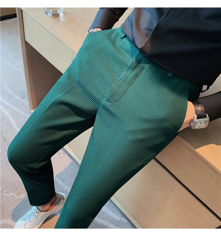 Fashion Business Casual Men's Pants Cropped Pants Waffle Pattern New Trend Spring Summer Casual Trousers Dark Green White 28-38