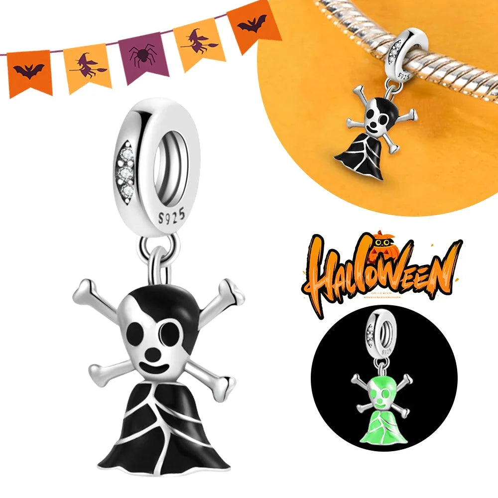 2025 New Halloween Charm Emit Light Bead 925 Sterling Silver Pumpkin Witch Skull Charm Fit Bracelet Pendant Women Jewelry Making