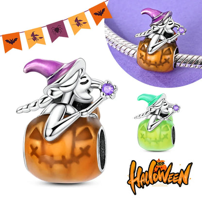 2025 New Halloween Charm Emit Light Bead 925 Sterling Silver Pumpkin Witch Skull Charm Fit Bracelet Pendant Women Jewelry Making