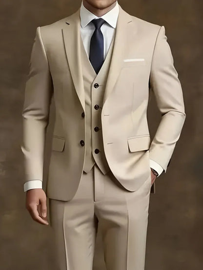 3pcs Men's Party Suit with Lapel Collar, Polyester And Viscose Blend, Skinny Fit, Solid Color, Long Sleeve, Button Front, Pants,