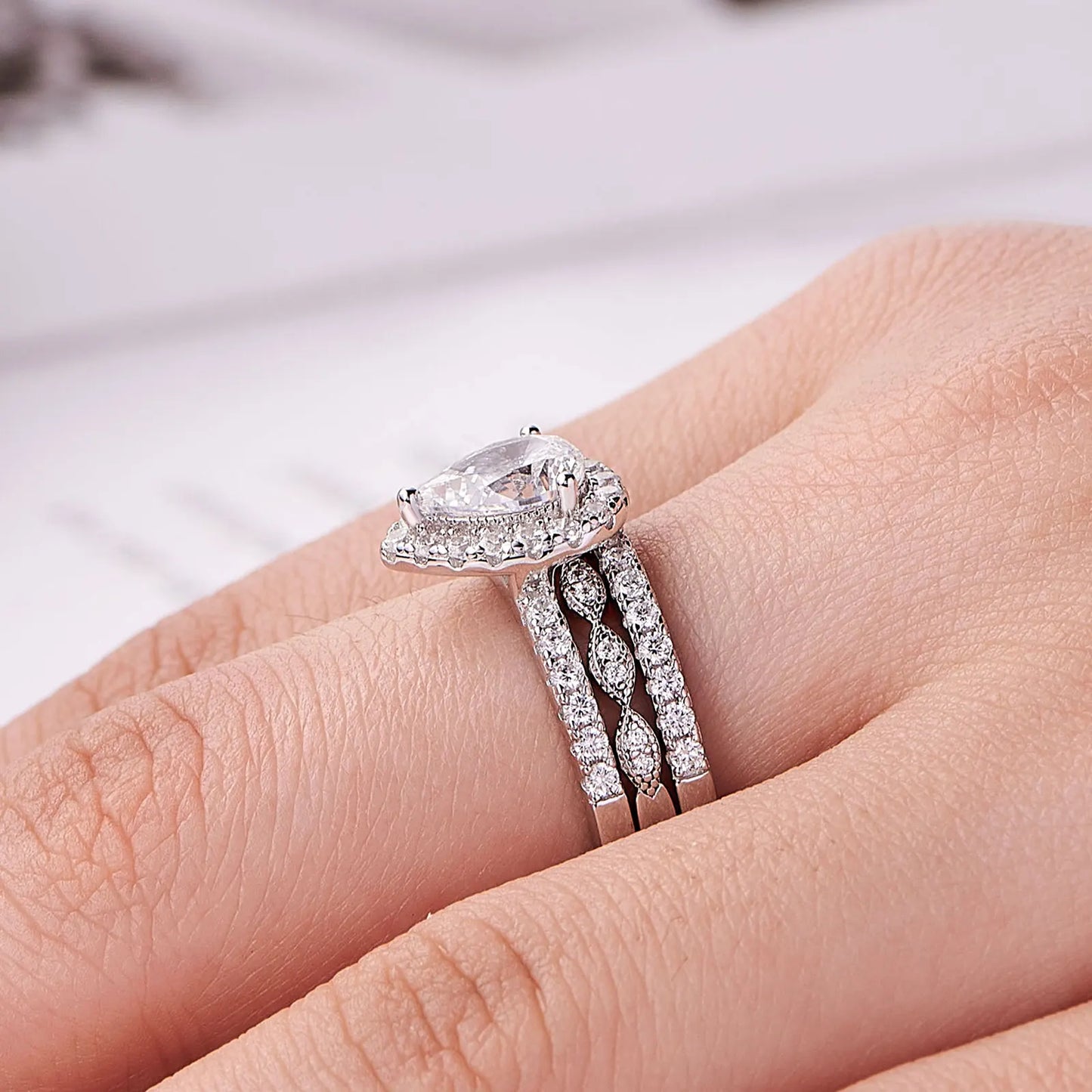 Newshe 3 Pieces 925 Sterling Silver Engagement Ring Set for Women Water Drop AAAAA Zircons Eternity Wedding Bands BR1079