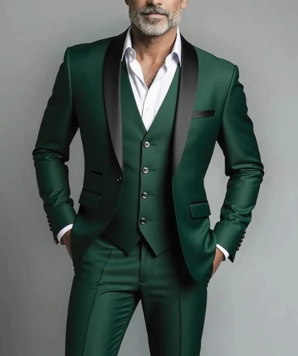 3pcs Men's Party Suit with Lapel Collar, Polyester And Viscose Blend, Skinny Fit, Solid Color, Long Sleeve, Button Front, Pants,