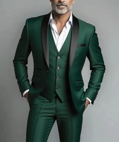 3pcs Men's Party Suit with Lapel Collar, Polyester And Viscose Blend, Skinny Fit, Solid Color, Long Sleeve, Button Front, Pants,
