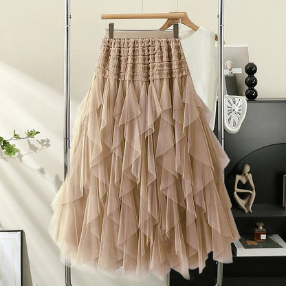 Tulle Skirts For Women High Elastic Waist Multi Layered Tulle Mesh Patchwork Long Fairy Skirt Plain Big Swing A Line Skirts