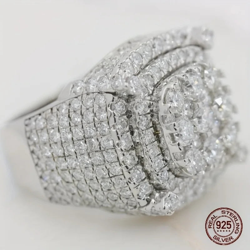 3Ct Men's 925 Sterling Silver Cluster Engagement Ring Luxury Platinum Plated Square Icy Out Hip Hop Rock Rings Jewelry