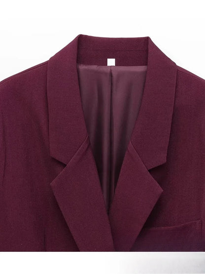 KONDALA Vintage Chic Office Lady Red Solid Women Suit Notched Single Button Pockets Blazer Straight Loose Pants Fashion 2025 Set