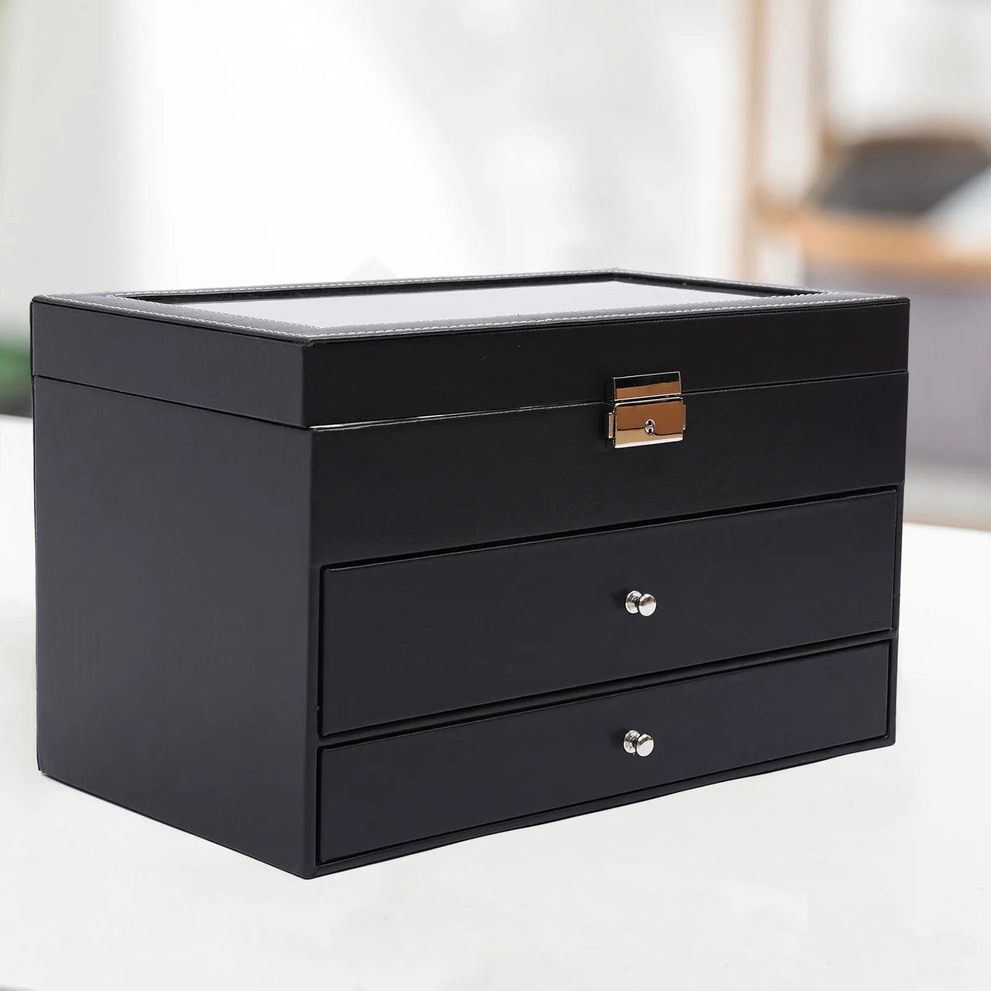 Bymaocar Black 3-Tier Drawer Jewelry Box, 12-Slot Watch Organizer W/ PU Leather & Metal Clasp, Eyeglass & Sunglass Storage Case