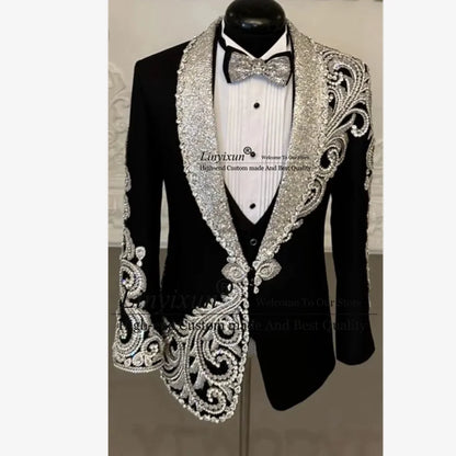 Luxury Beaded Jewelry Ornament Tuxedos Men Suit Glitter Sequins Customized Wedding Groom Blazers 3 Pieces Set rajes para hombre
