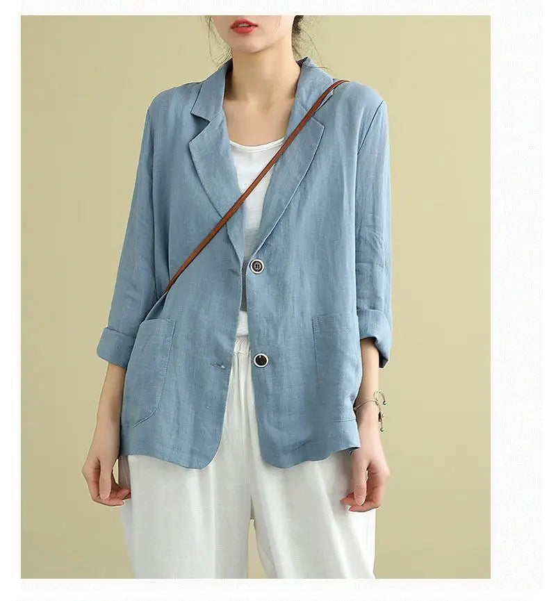 Spring Autumn Cotton Linen Loose Casual Blazers Female Long Sleeve Elegant Fashion Cardigan Suit Women's All-match Coat Jacket